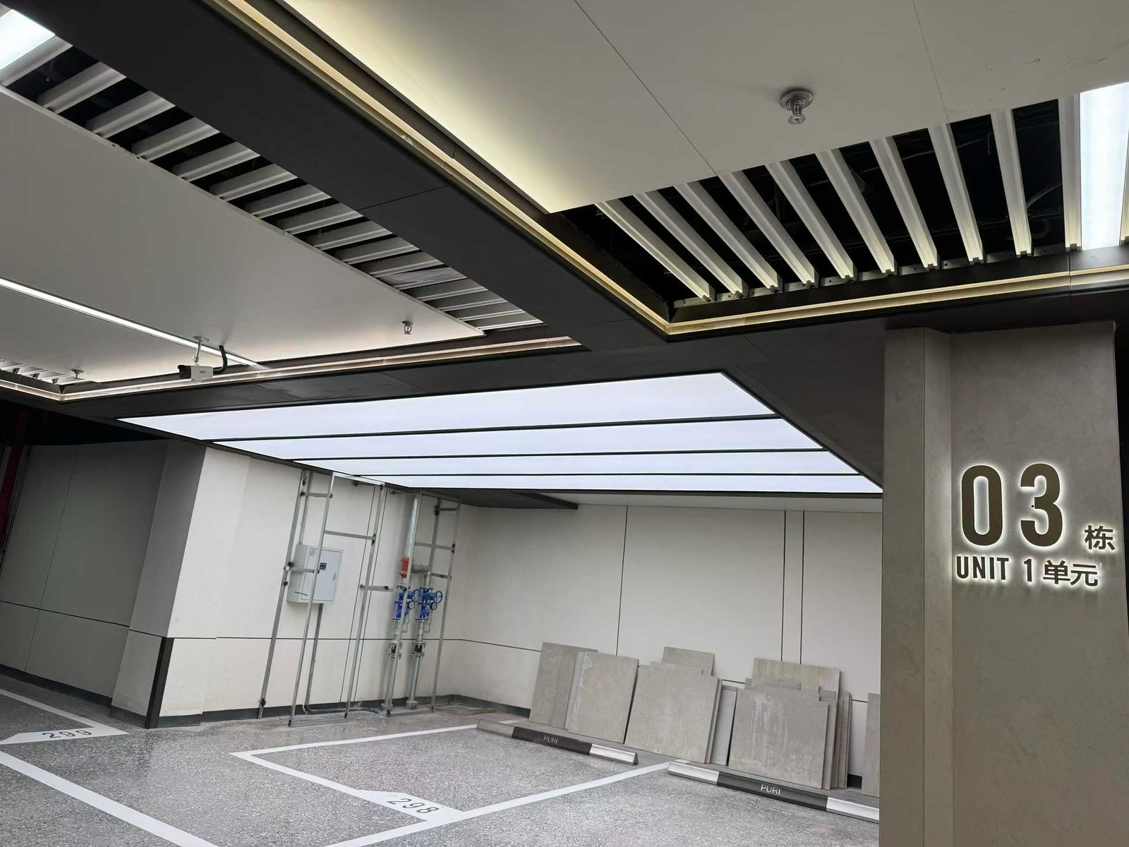 A-class fire-rated stretch ceiling for parking garage